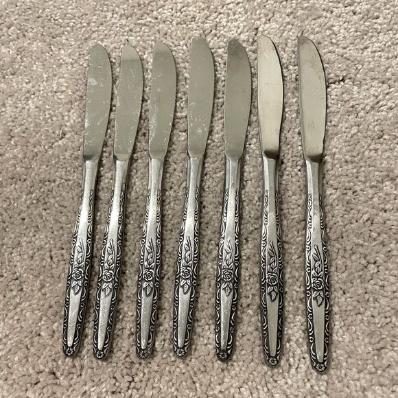 Set of 7 Interpur INR3 Dinner Knives 8.5” Rose Scroll Edge Stainless Steel Japan - Picture 1 of 5